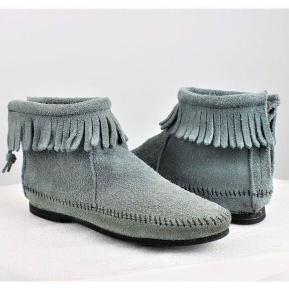 Leather Moccasin Bootie Fringe Ankle Zip Back Soft Rubber Sole Blue Gray Size 6 - Picture 2 of 10